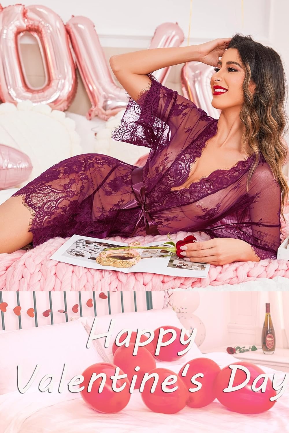image:imageAvidlove Womens Lace Kimono Robe Babydoll Lingerie Mesh Nightgown S5XLWine Red