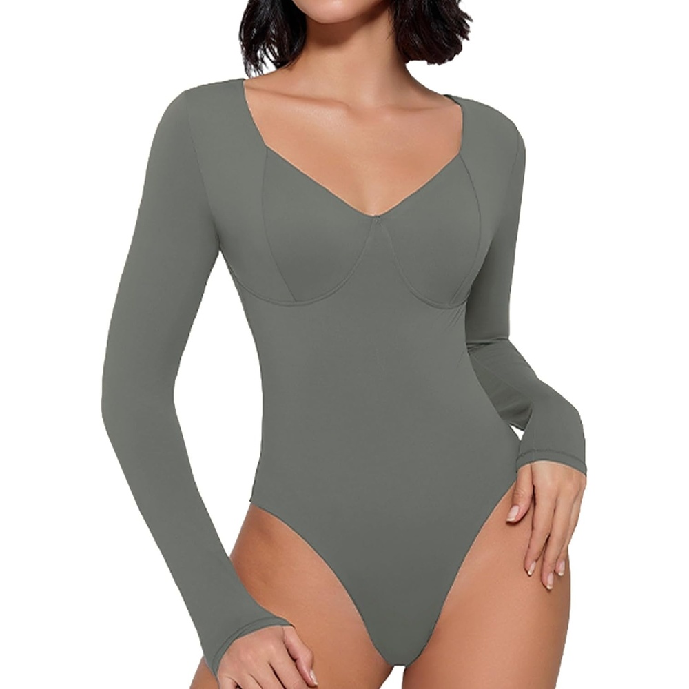 image:imageAvidlove Bodysuit for Women Long Sleeve Double Lined Tank Top V Neck Bodysuit Tummy Control ShapewearGrey