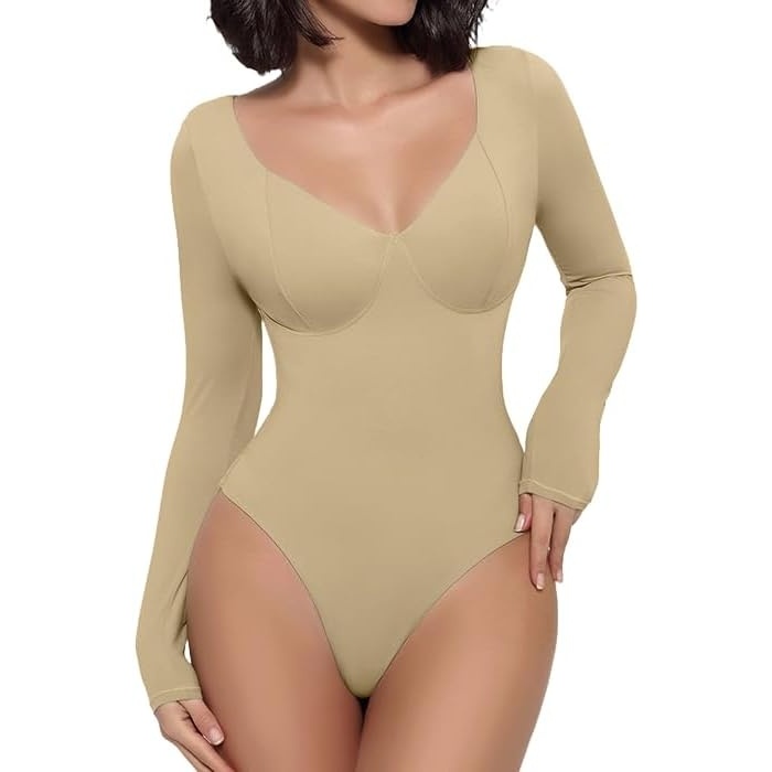 image:imageAvidlove Bodysuit for Women Long Sleeve Double Lined Tank Top V Neck Bodysuit Tummy Control ShapewearKhaki