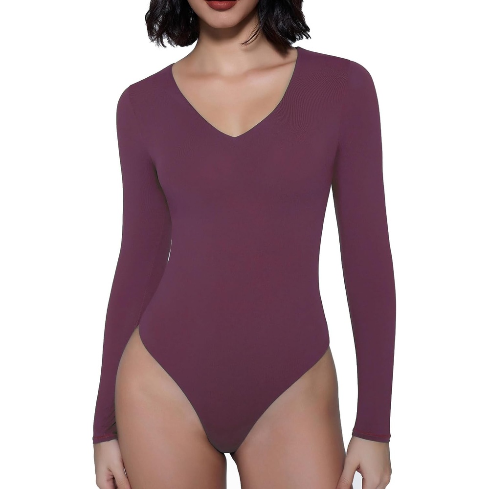 image:imageAvidlove Bodysuits for Women Long Sleeve V Neck Body Suit Bodysuit Double Lined Thong Body Suits Sexy TopsPurple