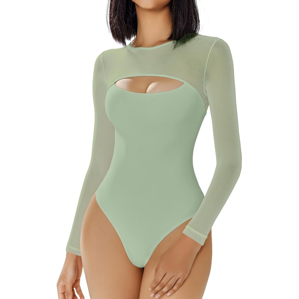 image:imageAvidlove Bodysuits for Women Round Neck Shapewear Bodysuit Long Sleeve Bodysuit Sexy Mesh Top Double Lined Cutout ShirtGray Green
