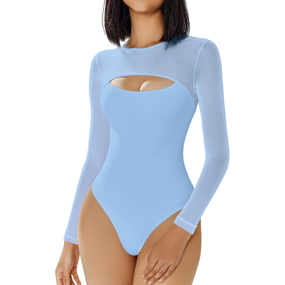 image:imageAvidlove Bodysuits for Women Round Neck Shapewear Bodysuit Long Sleeve Bodysuit Sexy Mesh Top Double Lined Cutout ShirtLight Blue