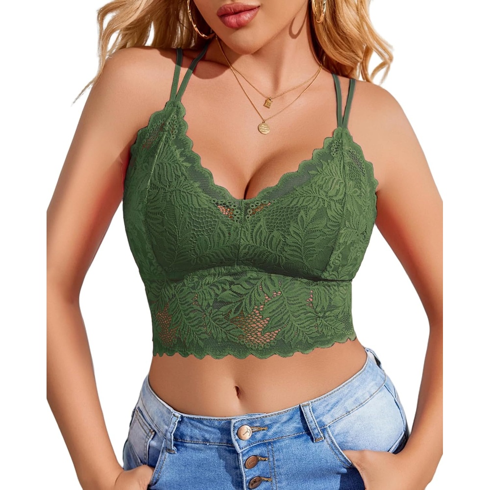 image:imageAvidlove Lace Bralette for Women V Neck Camisoles Racerback Adjustable Strap Sexy Crop TopsArmy Green