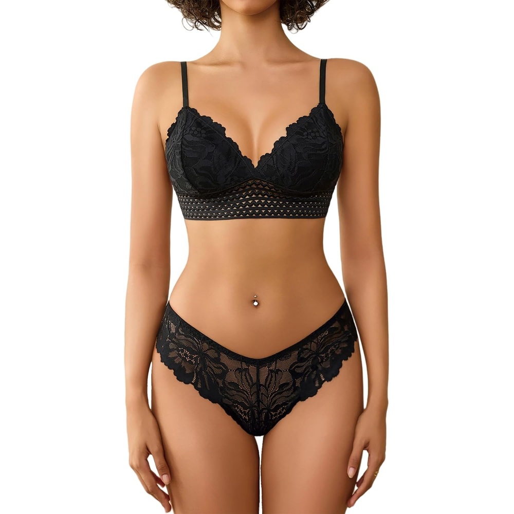image:imageAvidlove Lingerie Set for Women Sexy Lace Bra and Panty Sets 2 Piece Lace Bralette SetBlack