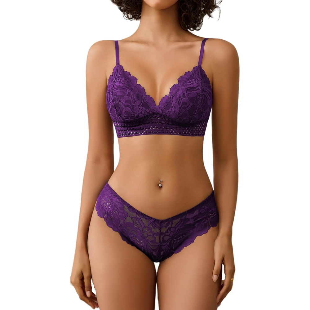 image:imageAvidlove Lingerie Set for Women Sexy Lace Bra and Panty Sets 2 Piece Lace Bralette SetDark Purple