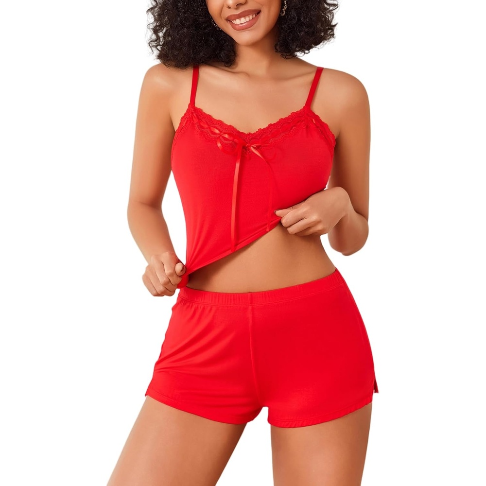 image:imageAvidlove Lingerie Sets For Women Sexy Sleepwear Lingerie Set Lace Trim Short PJ Set Soft Sleepwear Shorts 2 Piece SXXLRed