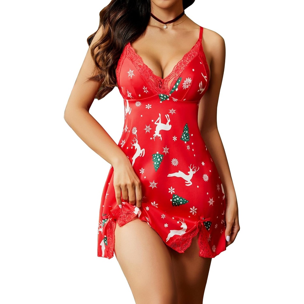 image:imageAvidlove Lingerie for Women Satin Lace Mini Dress V Neck Nightgown Sexy Boudoir OutfitsFloral Snow
