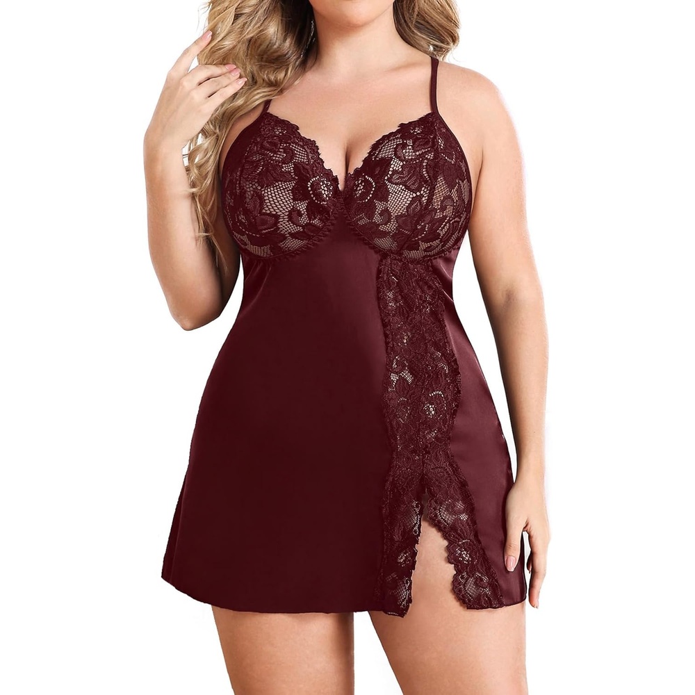 image:imageAvidlove Plus Size Lingerie For Women Sexy Satin Nightgown Lace Babydoll Side Slit Strappy Chemise NightwearDark Red