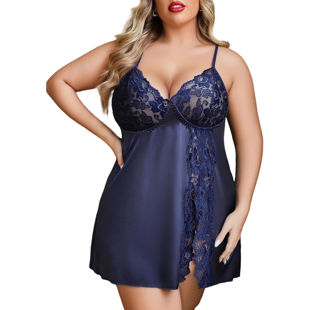 image:imageAvidlove Plus Size Lingerie For Women Sexy Satin Nightgown Lace Babydoll Side Slit Strappy Chemise NightwearNavy Blue