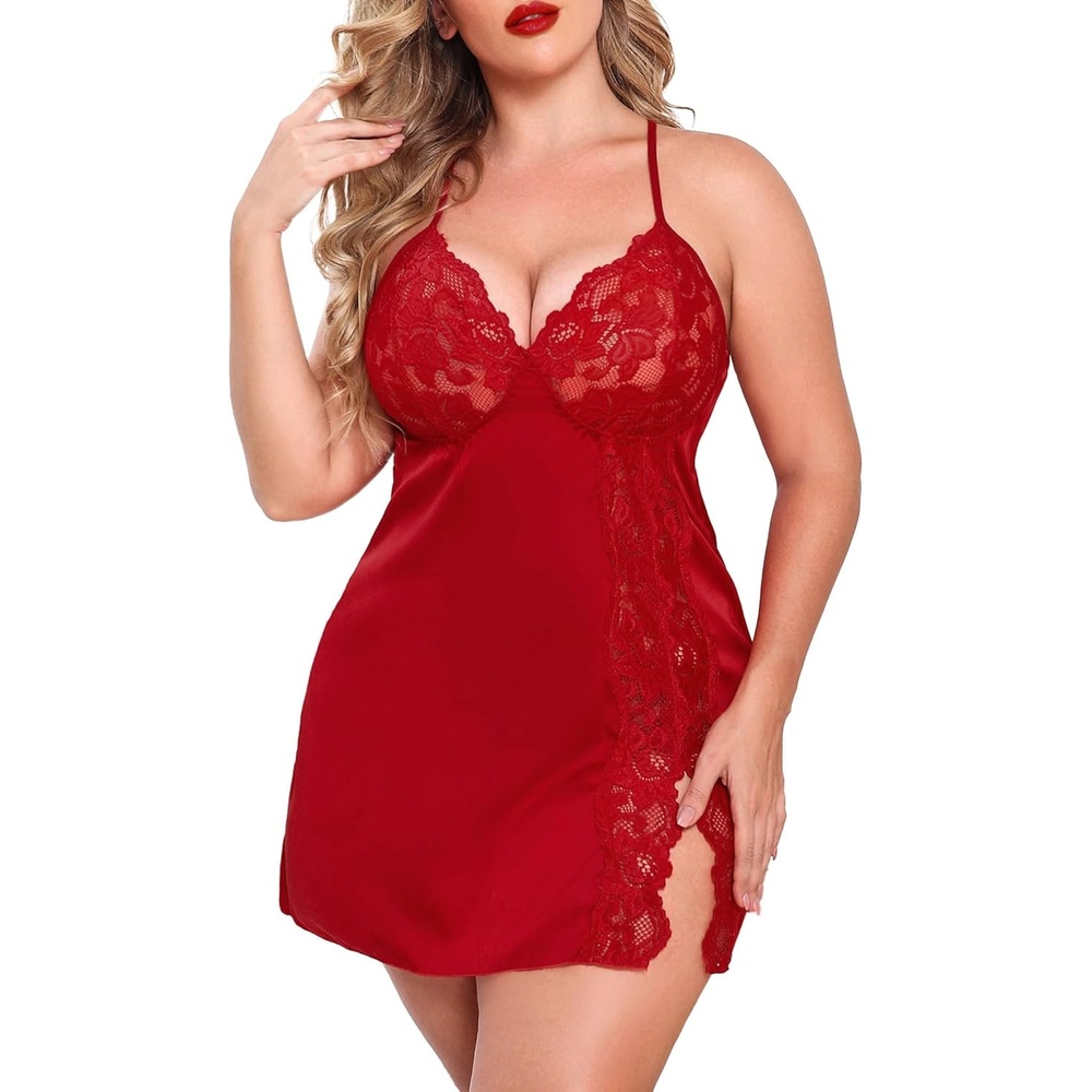 image:imageAvidlove Plus Size Lingerie For Women Sexy Satin Nightgown Lace Babydoll Side Slit Strappy Chemise NightwearWine Red