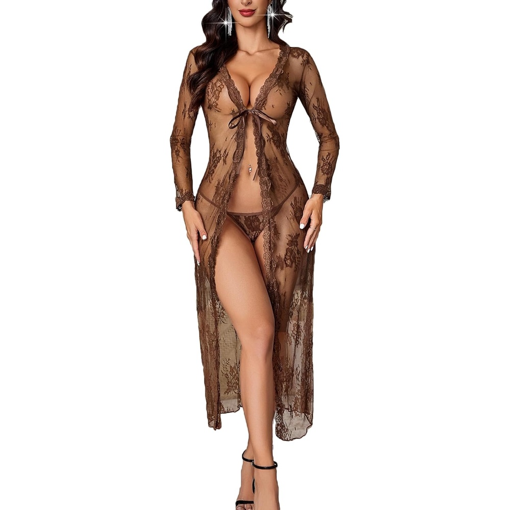image:imageAvidlove Sexy Lace Robe for Women Lingerie Bridal Lace Babydoll Robe Lingerie Sheer Wedding GownDbrown