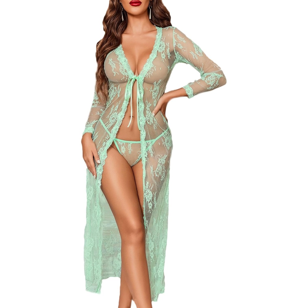 image:imageAvidlove Sexy Lace Robe for Women Lingerie Bridal Lace Babydoll Robe Lingerie Sheer Wedding GownIce Green