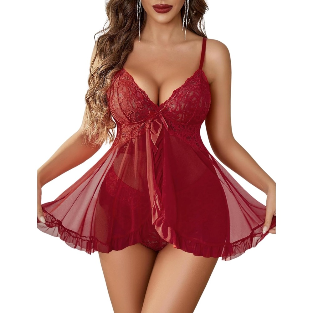 image:imageAvidlove Sexy Lingerie for Women Lace Babydoll Lingerie Dress Boudoir Lingerie VNeck Front Open Ruffle ChemiseBurgundy