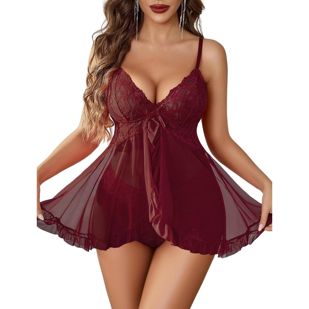 image:imageAvidlove Sexy Lingerie for Women Lace Babydoll Lingerie Dress Boudoir Lingerie VNeck Front Open Ruffle ChemiseDark Red