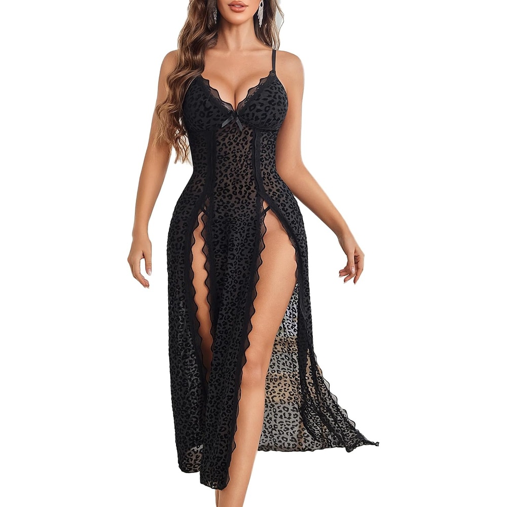 image:imageAvidlove Women Lingerie Lace Babydoll Chemise Sexy Mesh Nightdress V Neck Nightwear Side Split NightgownBlack Leopard