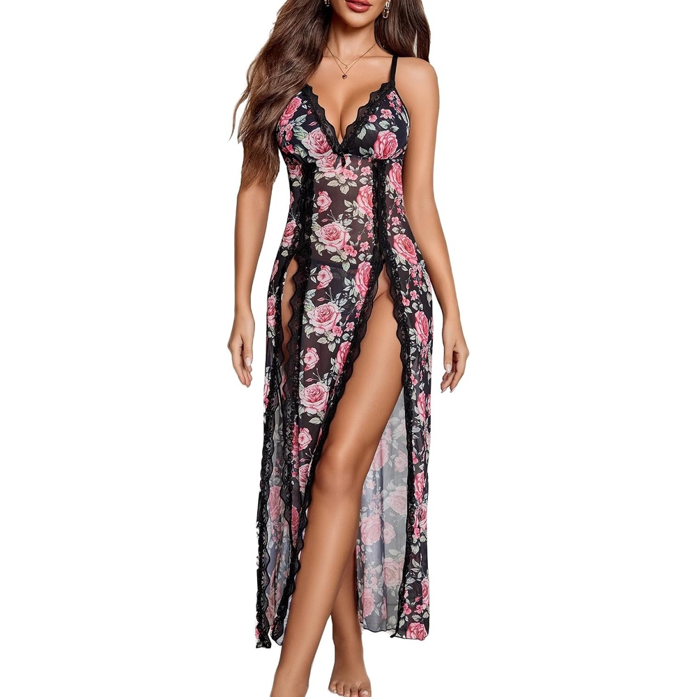 image:imageAvidlove Women Lingerie Lace Babydoll Chemise Sexy Mesh Nightdress V Neck Nightwear Side Split NightgownBlack Rose Floral