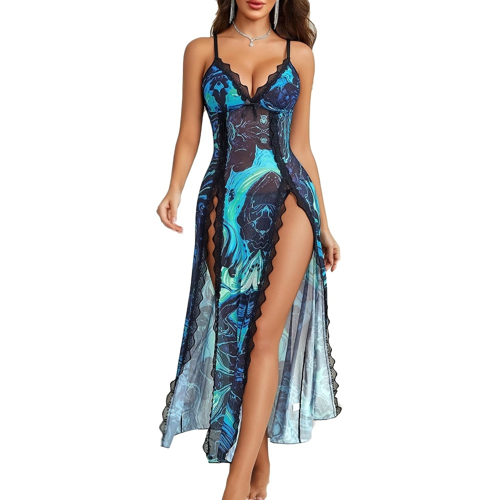 image:imageAvidlove Women Lingerie Lace Babydoll Chemise Sexy Mesh Nightdress V Neck Nightwear Side Split NightgownBlue Tie Dye