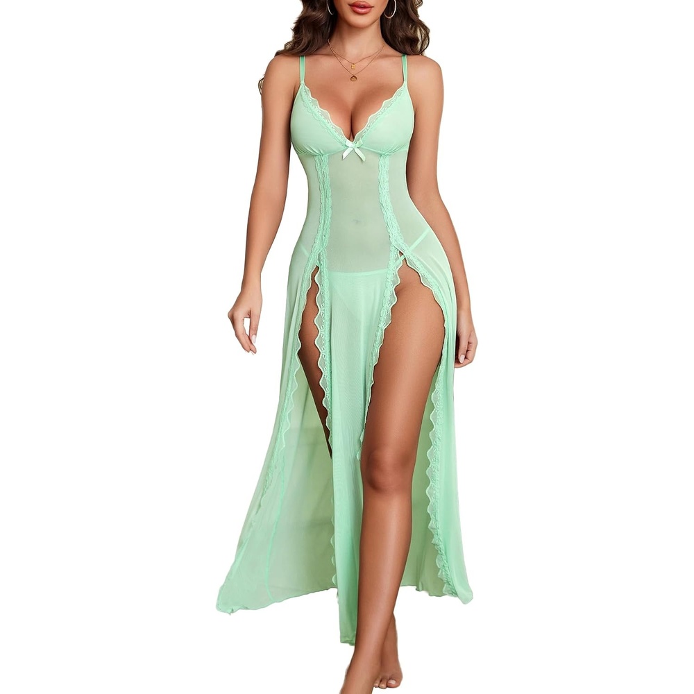 image:imageAvidlove Women Lingerie Lace Babydoll Chemise Sexy Mesh Nightdress V Neck Nightwear Side Split NightgownLight Green