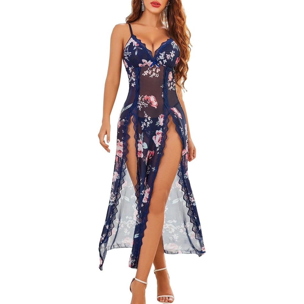 image:imageAvidlove Women Lingerie Lace Babydoll Chemise Sexy Mesh Nightdress V Neck Nightwear Side Split NightgownNavy Blue Floral
