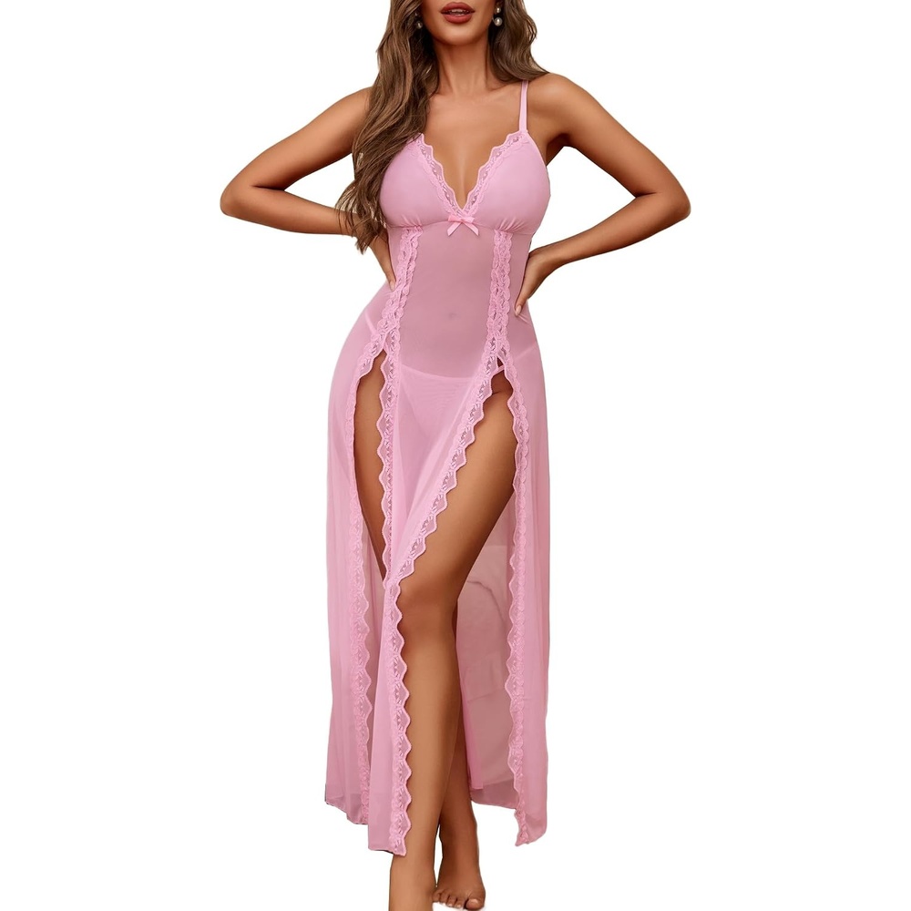 image:imageAvidlove Women Lingerie Lace Babydoll Chemise Sexy Mesh Nightdress V Neck Nightwear Side Split NightgownPink
