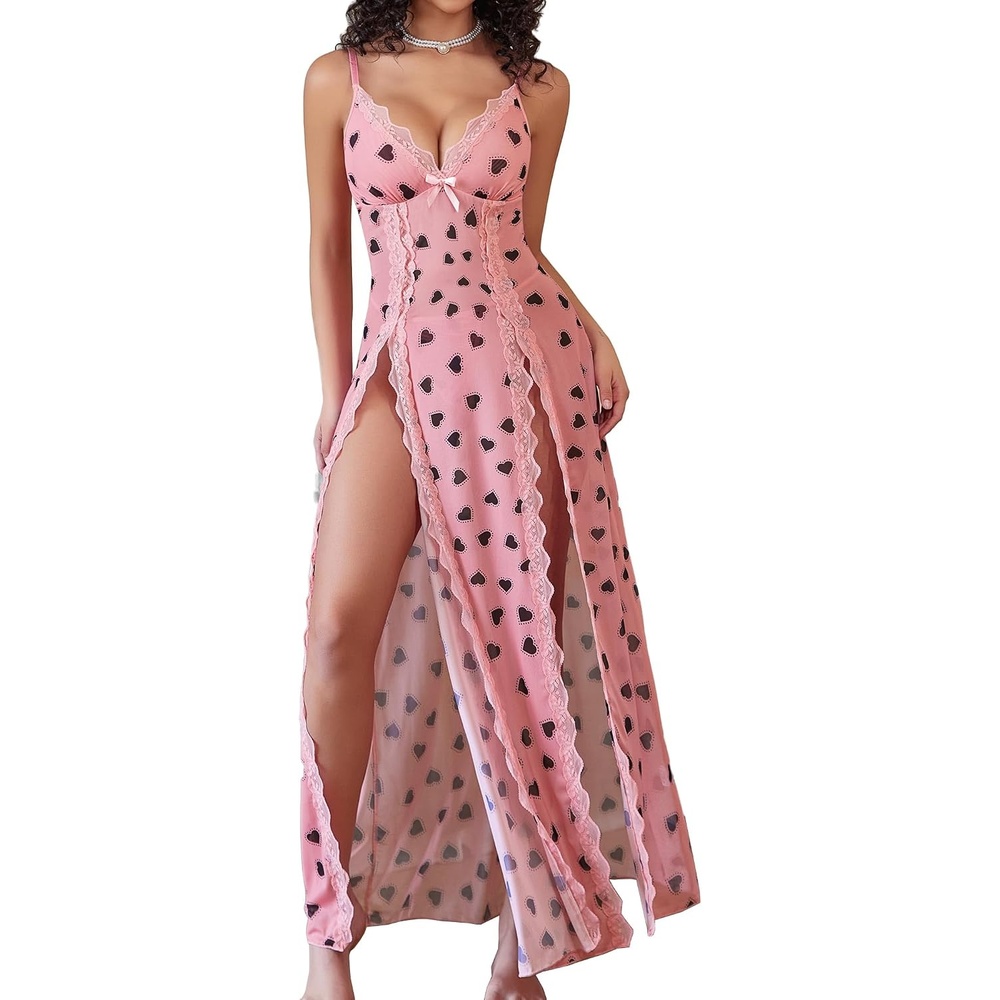 image:imageAvidlove Women Lingerie Lace Babydoll Chemise Sexy Mesh Nightdress V Neck Nightwear Side Split NightgownPink Love Heart Print
