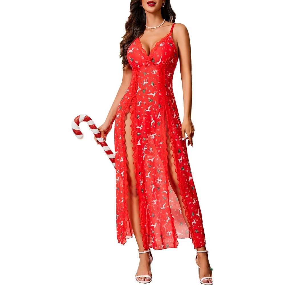 image:imageAvidlove Women Lingerie Lace Babydoll Chemise Sexy Mesh Nightdress V Neck Nightwear Side Split NightgownRed Christams Print
