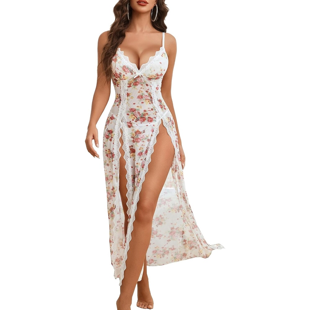 image:imageAvidlove Women Lingerie Lace Babydoll Chemise Sexy Mesh Nightdress V Neck Nightwear Side Split NightgownWhite Flower
