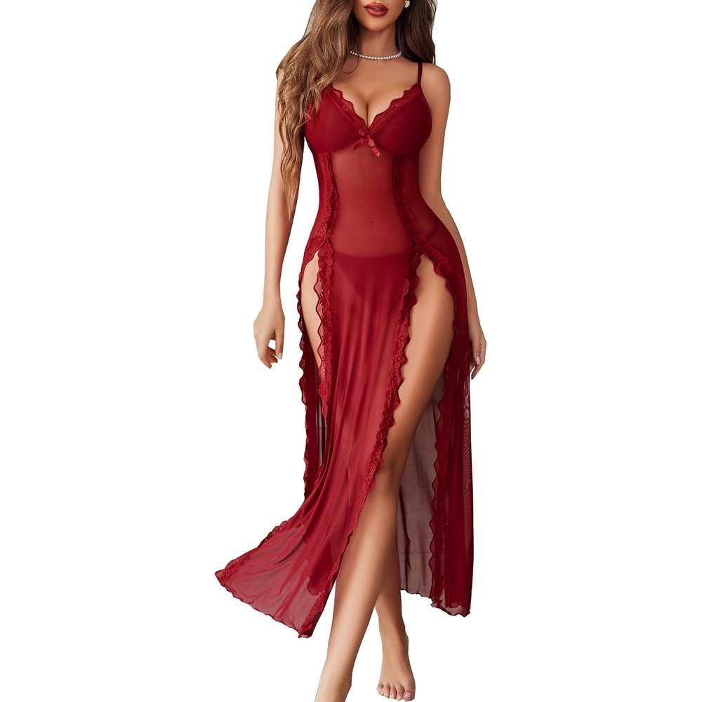 image:imageAvidlove Women Lingerie Lace Babydoll Chemise Sexy Mesh Nightdress V Neck Nightwear Side Split NightgownWine Red
