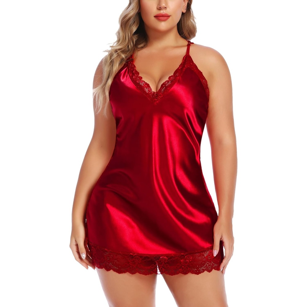 image:imageAvidlove Women Lingerie Plus Size Satin Lace Chemise Nightgown Sexy Full Slips Sleepwear L4XL1 Red