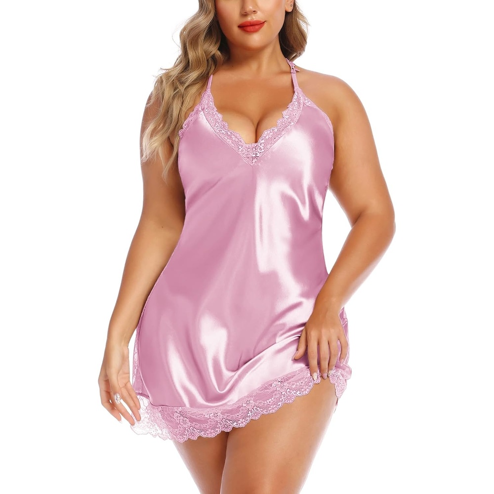 image:imageAvidlove Women Lingerie Plus Size Satin Lace Chemise Nightgown Sexy Full Slips Sleepwear L4XLPink