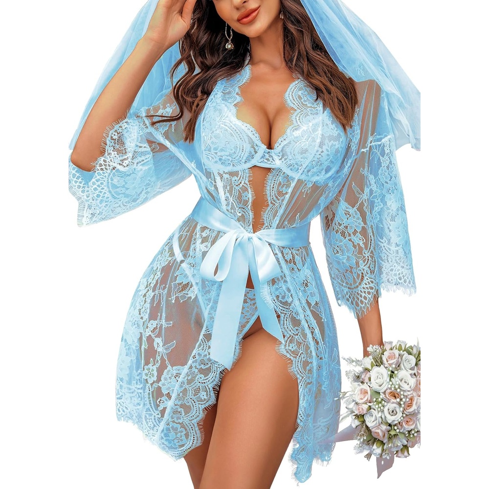 image:imageAvidlove Womens Lace Kimono Robe Babydoll Lingerie Mesh Nightgown S5XLBaby Blue