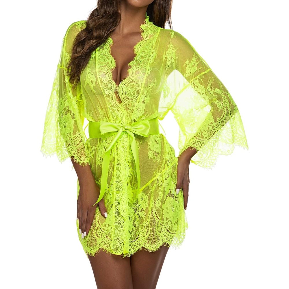 image:imageAvidlove Womens Lace Kimono Robe Babydoll Lingerie Mesh Nightgown S5XLLemon Yellow