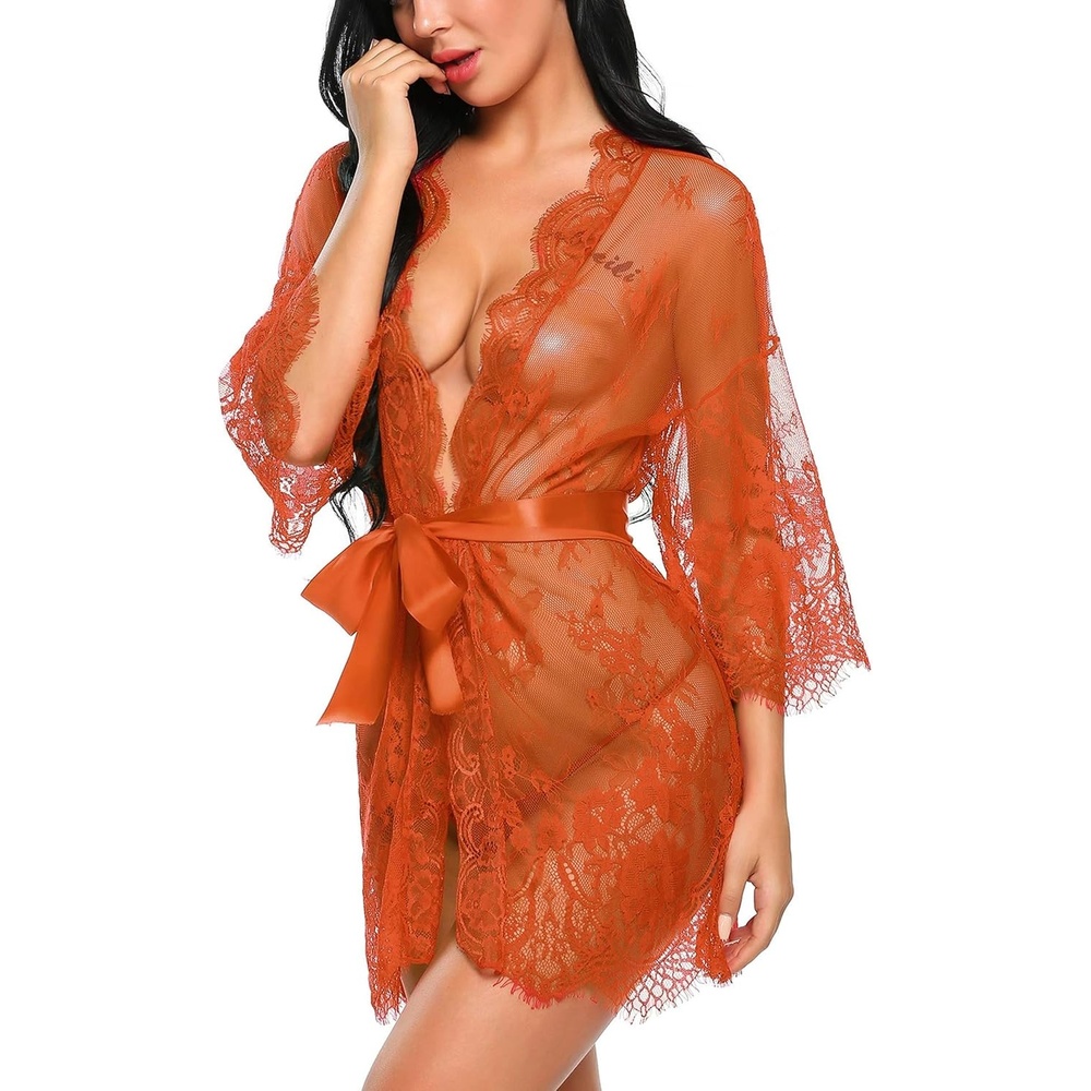 image:imageAvidlove Womens Lace Kimono Robe Babydoll Lingerie Mesh Nightgown S5XLOrange