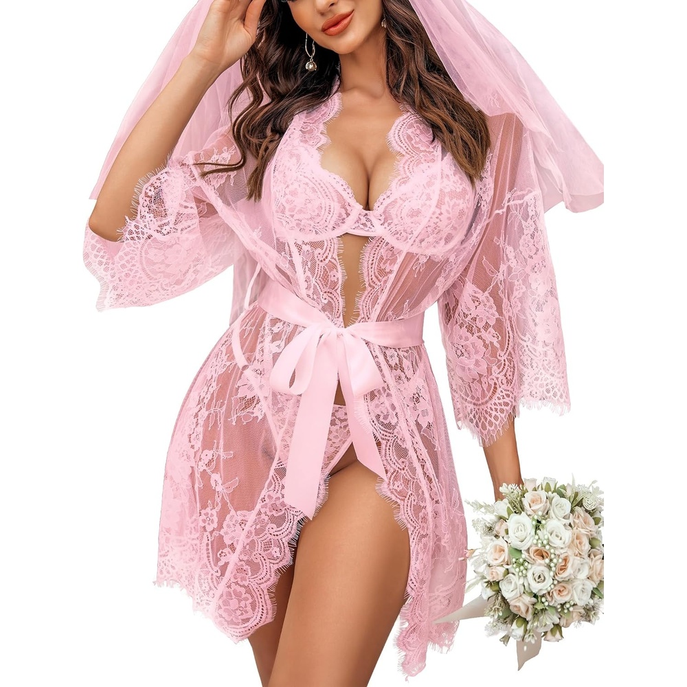 image:imageAvidlove Womens Lace Kimono Robe Babydoll Lingerie Mesh Nightgown S5XLPink
