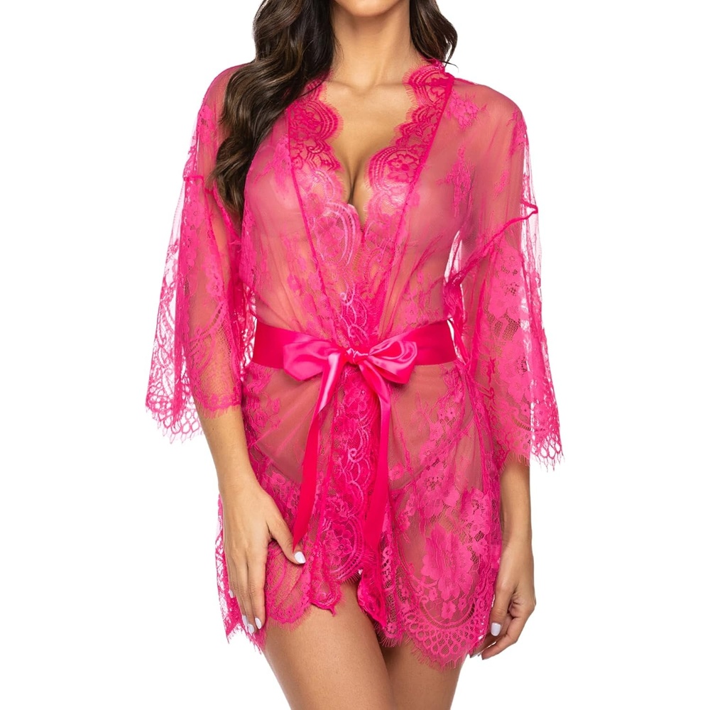 image:imageAvidlove Womens Lace Kimono Robe Babydoll Lingerie Mesh Nightgown S5XLRose Red