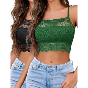 Avidlove 2Pcs Lace Camisoles for Women High Neck Bralettes Racerback Adjustable Crop Top Lingerie(Black&emerald)