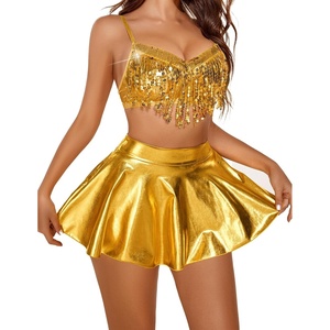 Avidlove 3-Piece Rave Outfits Women Faux Leather Sequin Fringe Crop Top Metallic Mini Skirt Club Festival Halloween Set(Gold)