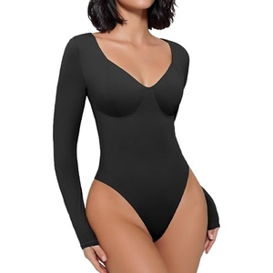 Avidlove Bodysuit for Women Long Sleeve Double Lined Tank Top V Neck Bodysuit Tummy Control Shapewear(Black)