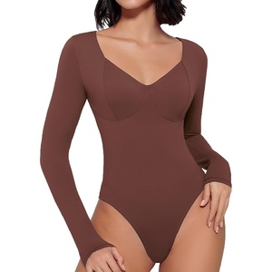 Avidlove Bodysuit for Women Long Sleeve Double Lined Tank Top V Neck Bodysuit Tummy Control Shapewear(Fuchsia)