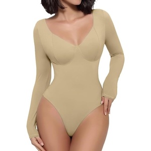 Avidlove Bodysuit for Women Long Sleeve Double Lined Tank Top V Neck Bodysuit Tummy Control Shapewear(Khaki)