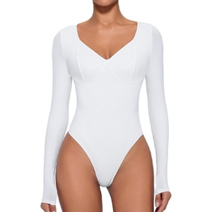 Avidlove Bodysuit for Women Long Sleeve Double Lined Tank Top V Neck Bodysuit Tummy Control Shapewear(White)