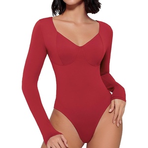 Avidlove Bodysuit for Women Long Sleeve Double Lined Tank Top V Neck Bodysuit Tummy Control Shapewear(Wine Red)