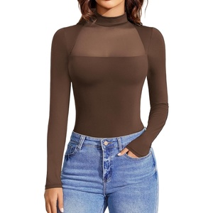 Avidlove Bodysuits for Women Mock Neck Shapewear Body Suit Long Sleeve Leotard Mesh Going Out Tops Concert Outfits(Brown)