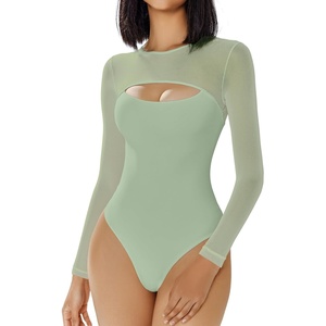 Avidlove Bodysuits for Women Round Neck Shapewear Bodysuit Long Sleeve Bodysuit Sexy Mesh Top Double Lined Cutout Shirt(Gray Green)