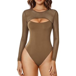 Avidlove Bodysuits for Women Round Neck Shapewear Bodysuit Long Sleeve Bodysuit Sexy Mesh Top Double Lined Cutout Shirt(Grayish Green)