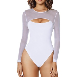 Avidlove Bodysuits for Women Round Neck Shapewear Bodysuit Long Sleeve Bodysuit Sexy Mesh Top Double Lined Cutout Shirt(White)