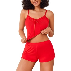 Avidlove Lingerie Sets For Women Sexy Sleepwear Lingerie Set Lace Trim Short PJ Set Soft Sleepwear Shorts 2 Piece S-XXL(Red)