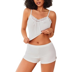 Avidlove Lingerie Sets For Women Sexy Sleepwear Lingerie Set Lace Trim Short PJ Set Soft Sleepwear Shorts 2 Piece S-XXL(White)