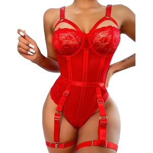 Avidlove Lingerie Sets for Women Sexy Lace Skull Corset with Garter Belt One Piece Teddy Bodysuit(1 True Red)