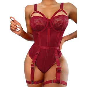 Avidlove Lingerie Sets for Women Sexy Lace Skull Corset with Garter Belt One Piece Teddy Bodysuit(Burgundy)
